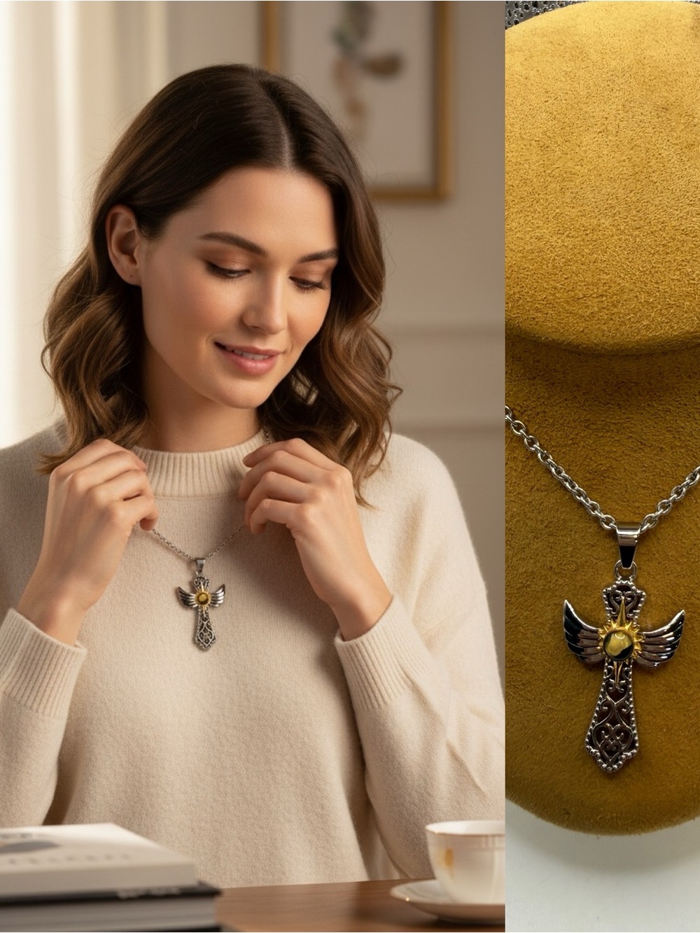 MA Angel Wing Cross Necklace Stainless Steel Two Tone Religious Pendant